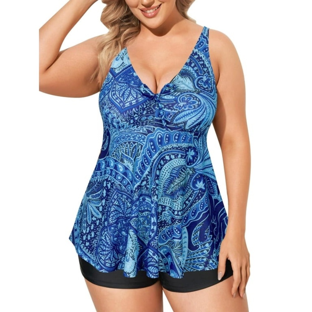 Plus Two Piece Flowy Tankini with Shorts Tummy Control Swimsuit